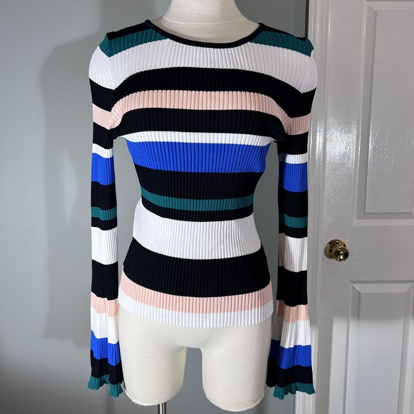 Scripted Sz L Black White Green Peach Blue Ribbed Striped Bell sleeve Top POSH44 - Picture 1 of 12